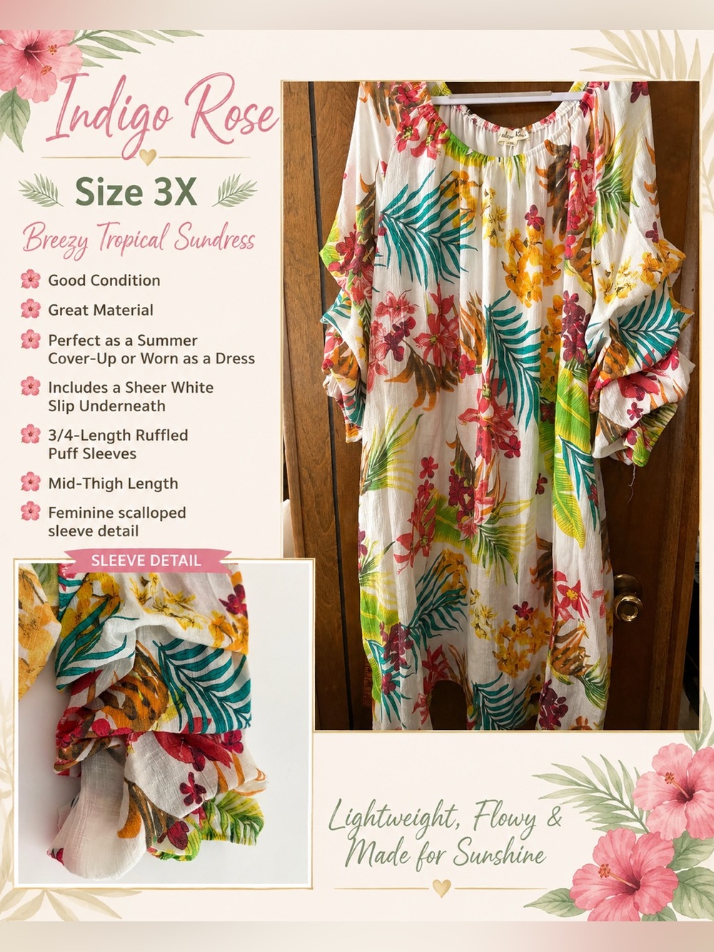 Womens Indigo Rose Tropical Floral Sundress - White with multicolor - Size 3X